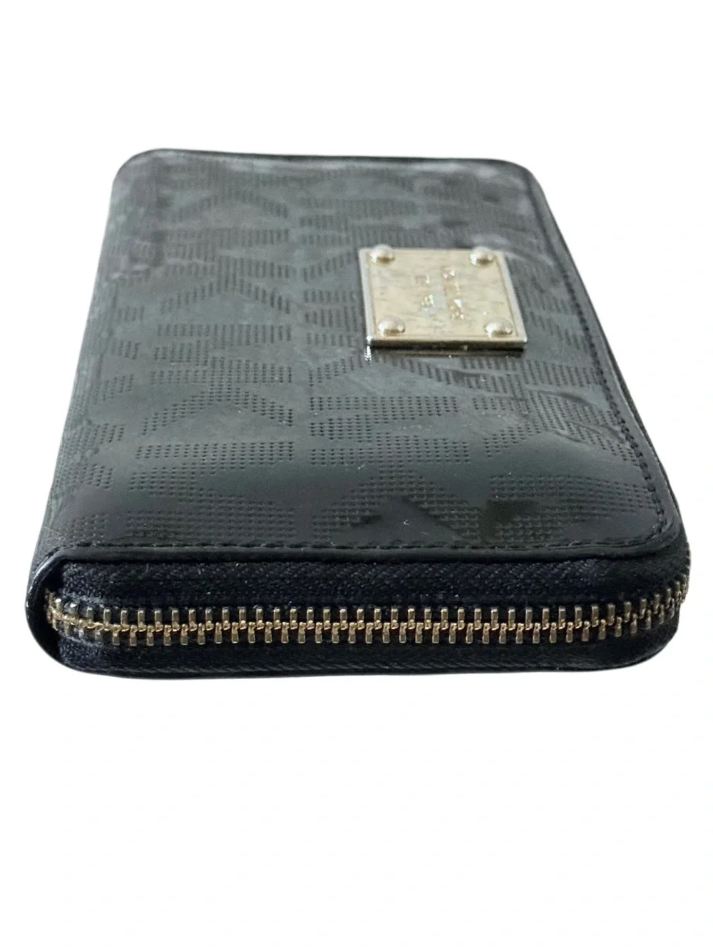 Michael Kors Black Patent Embossed Logo Zip Around Accordion Wallet Gold Tone